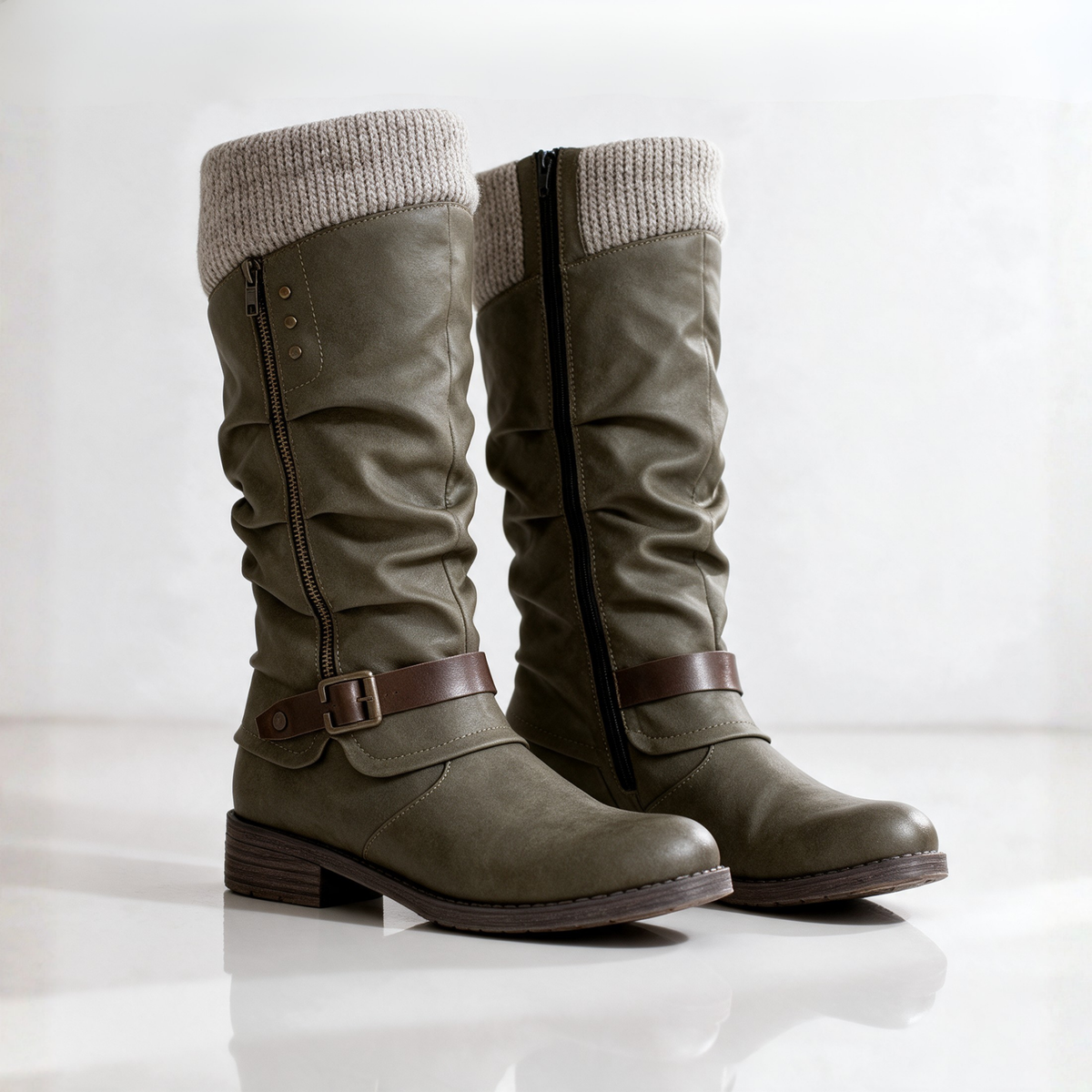 Women's slouch knee-high boots with buckle straps and low block heels