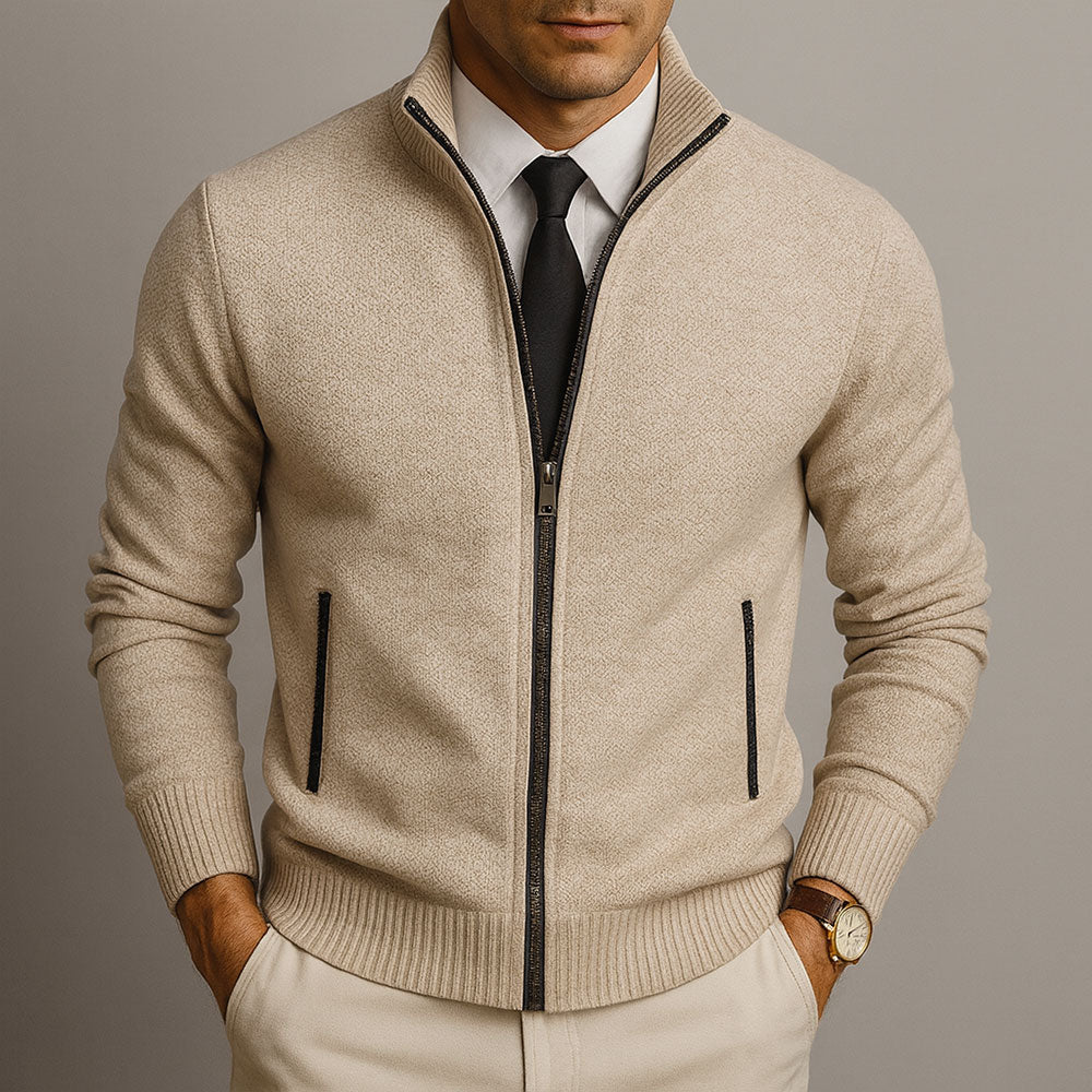 Men's textured zip sweater with mock neck, ribbed trims and front pockets