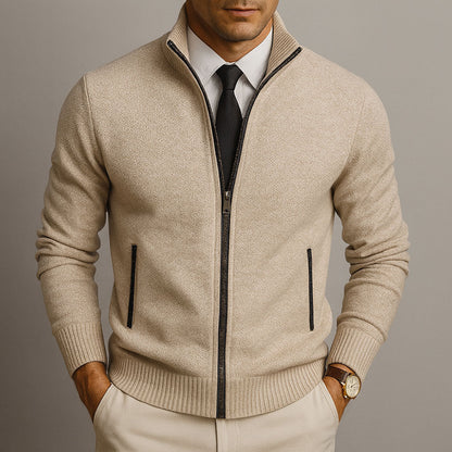 Men's textured zip sweater with mock neck, ribbed trims and front pockets