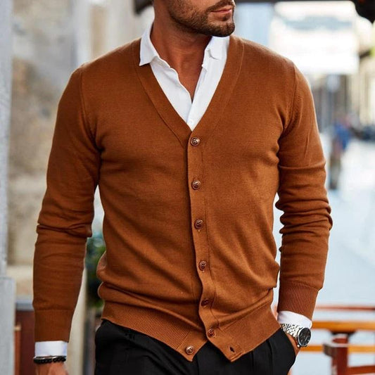 Men's long-sleeve V-neck button cardigan with ribbed trims