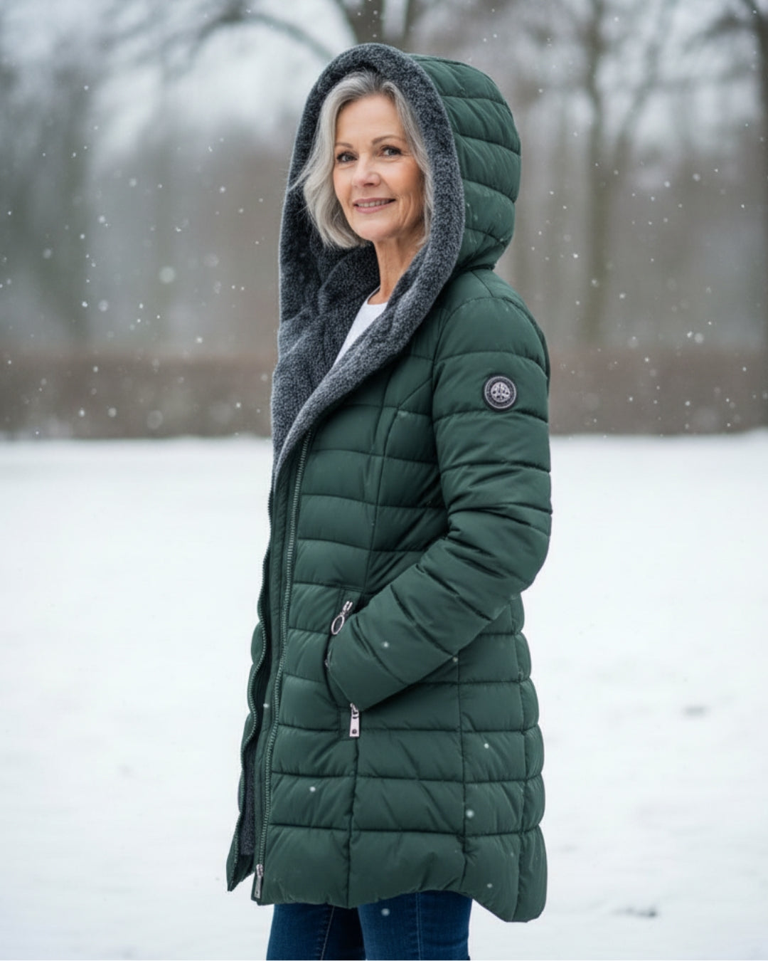 Women's long quilted puffer coat with hood and full front zipper