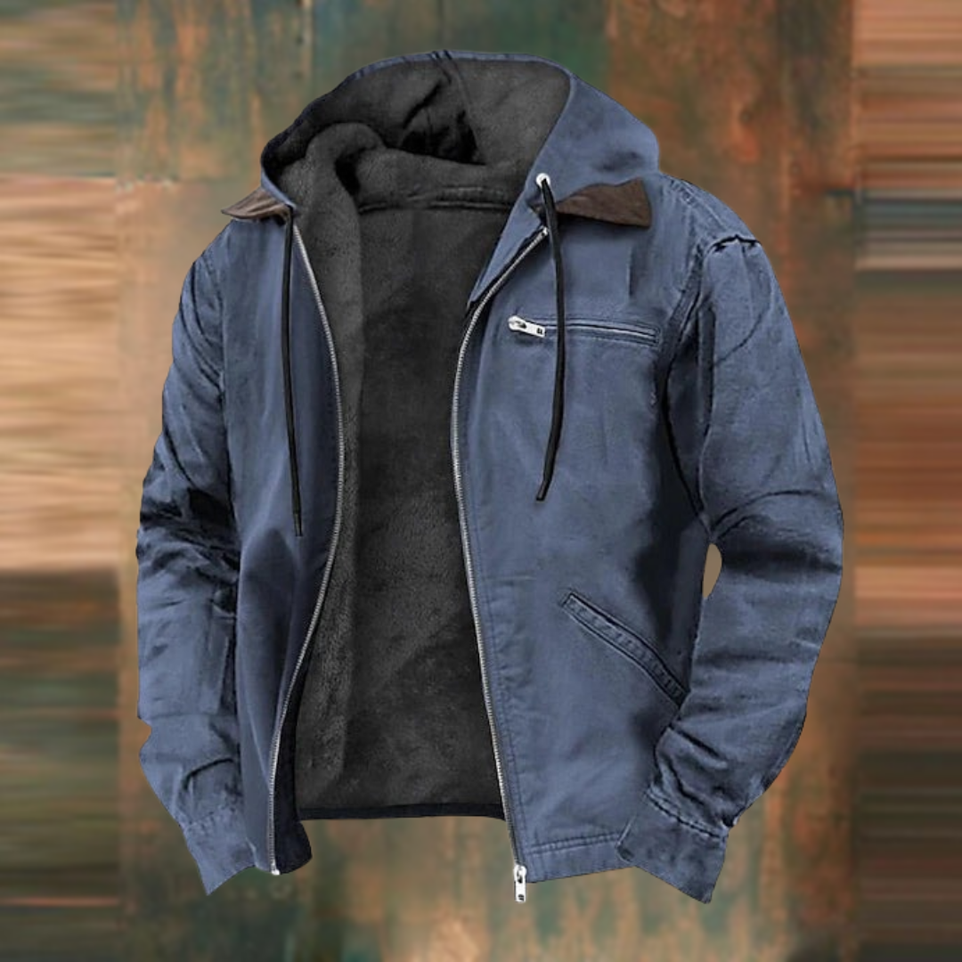 Men's hooded zip jacket with long sleeves and multiple pockets