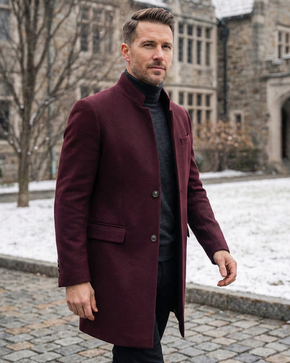 Men's long structured coat with mandarin collar, button front and flap pockets