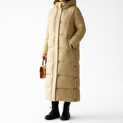 Women's long hooded quilted puffer coat with side pockets