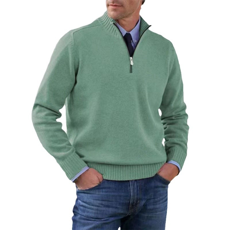 Men's half-zip mock neck sweater with long sleeves and ribbed trims