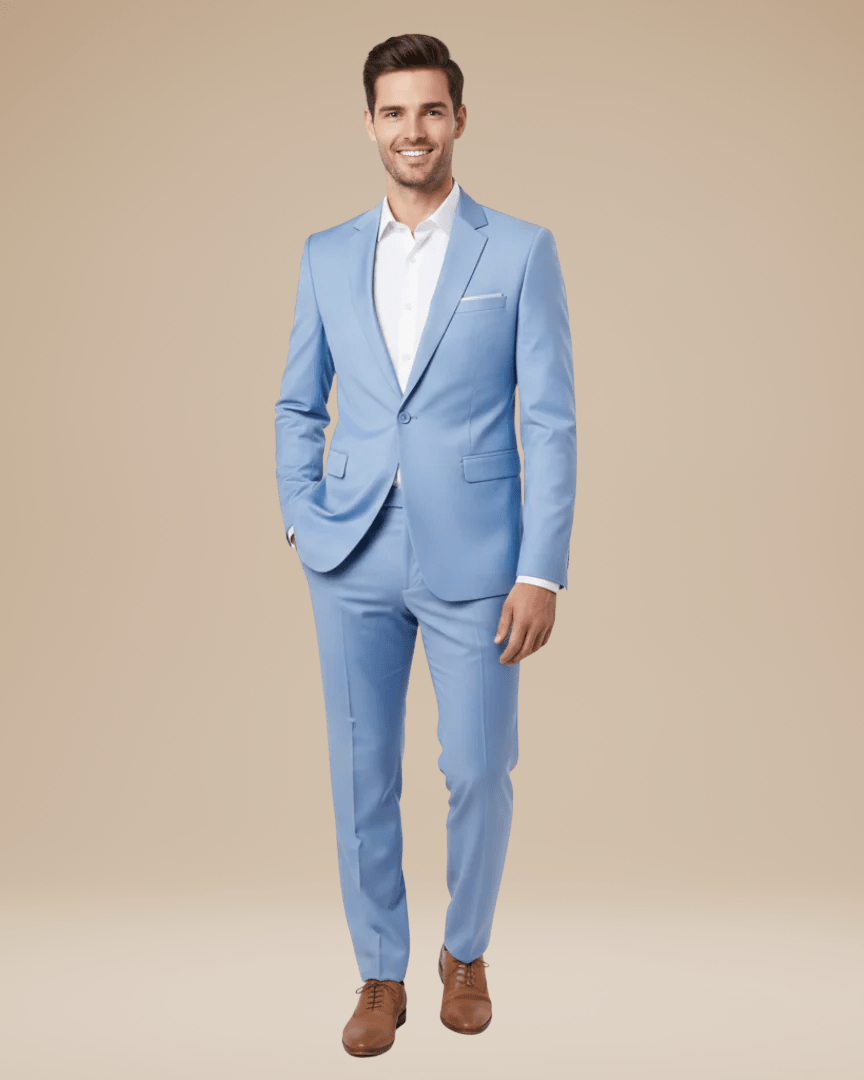 Men's two-piece suit with notched lapels and slim trousers