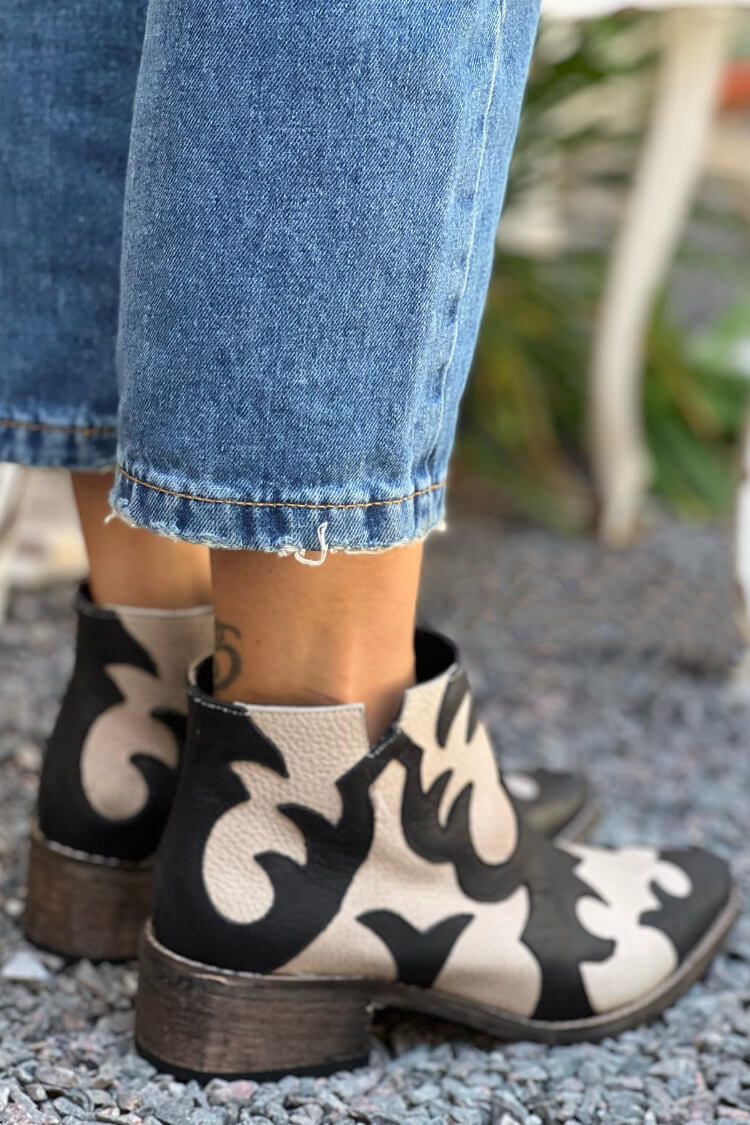 Women's western ankle boots with black and cream cutout panels