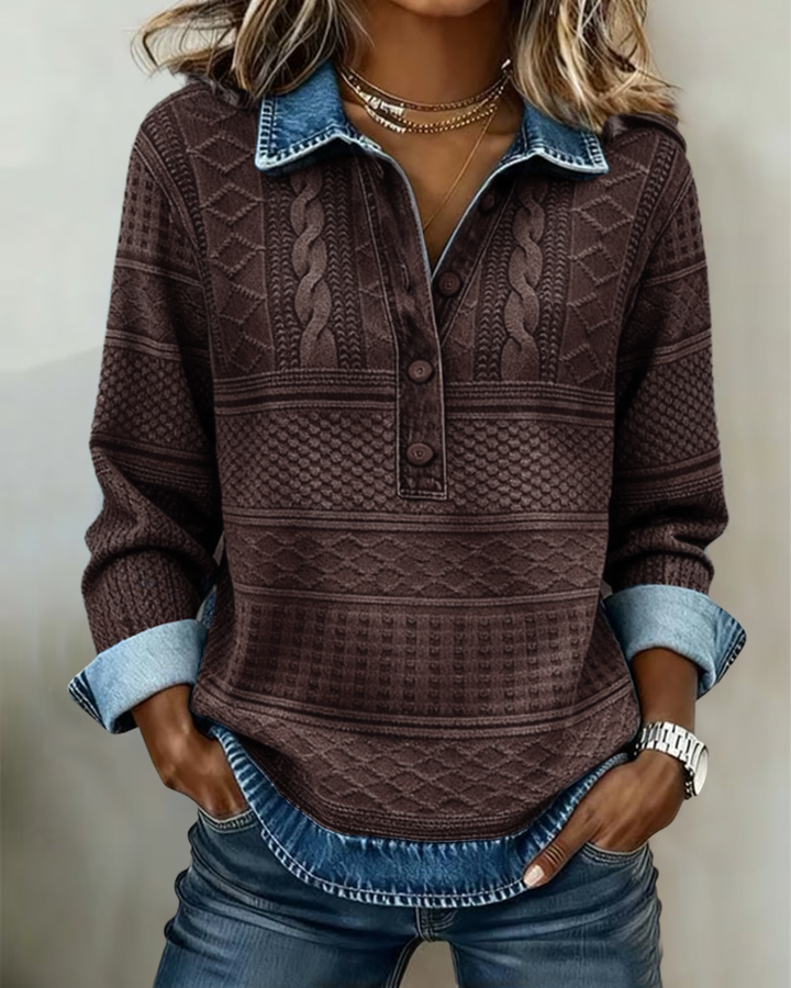 Women's textured collared sweatshirt with half button placket and long sleeves