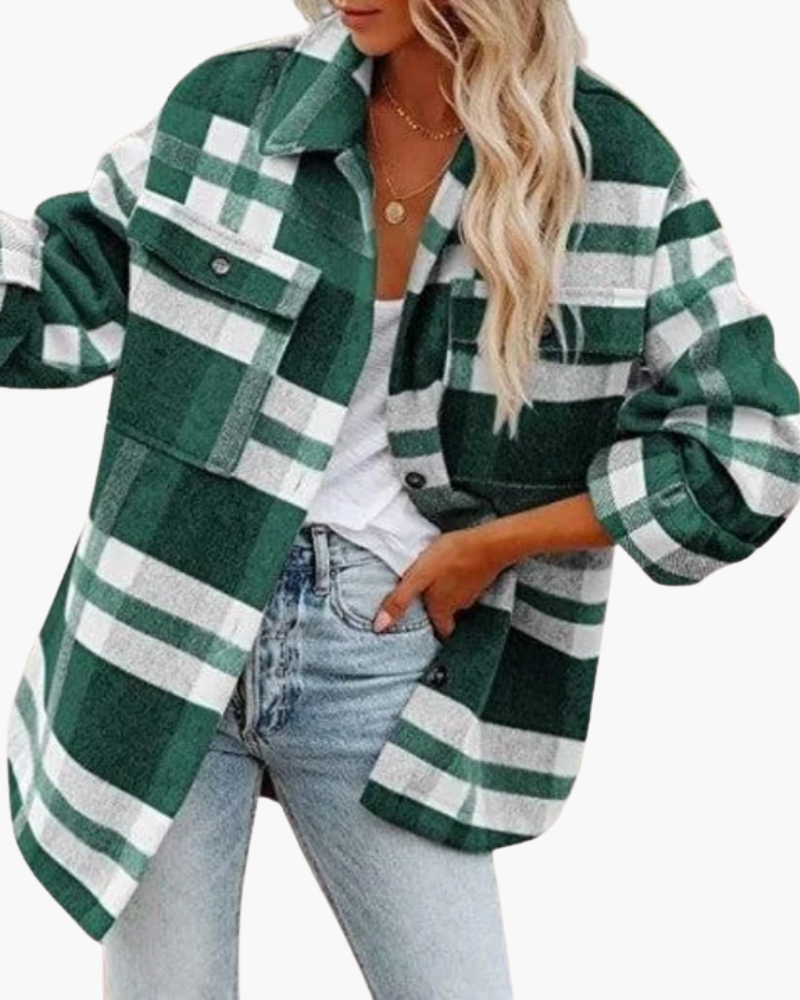 Women's oversized checked plaid jacket with pointed collar and button front