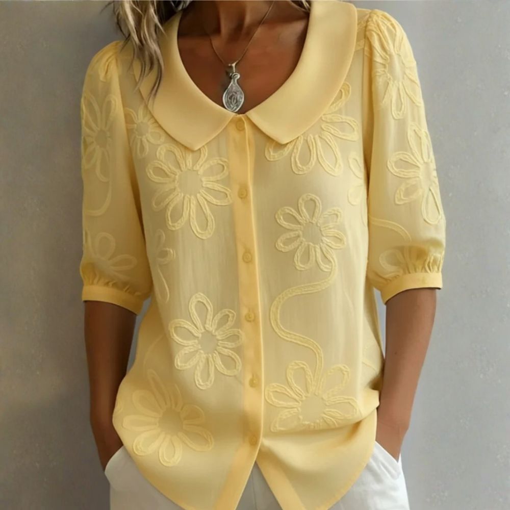 Women's Floral Embroidered Blouse — Collared Button-Front Three-Quarter Sleeve Blouse