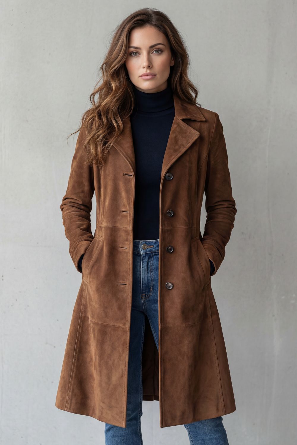 Women's longline coat with notched lapels, button front and hip pockets