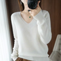 Women's long-sleeve V-neck sweater with ribbed trim