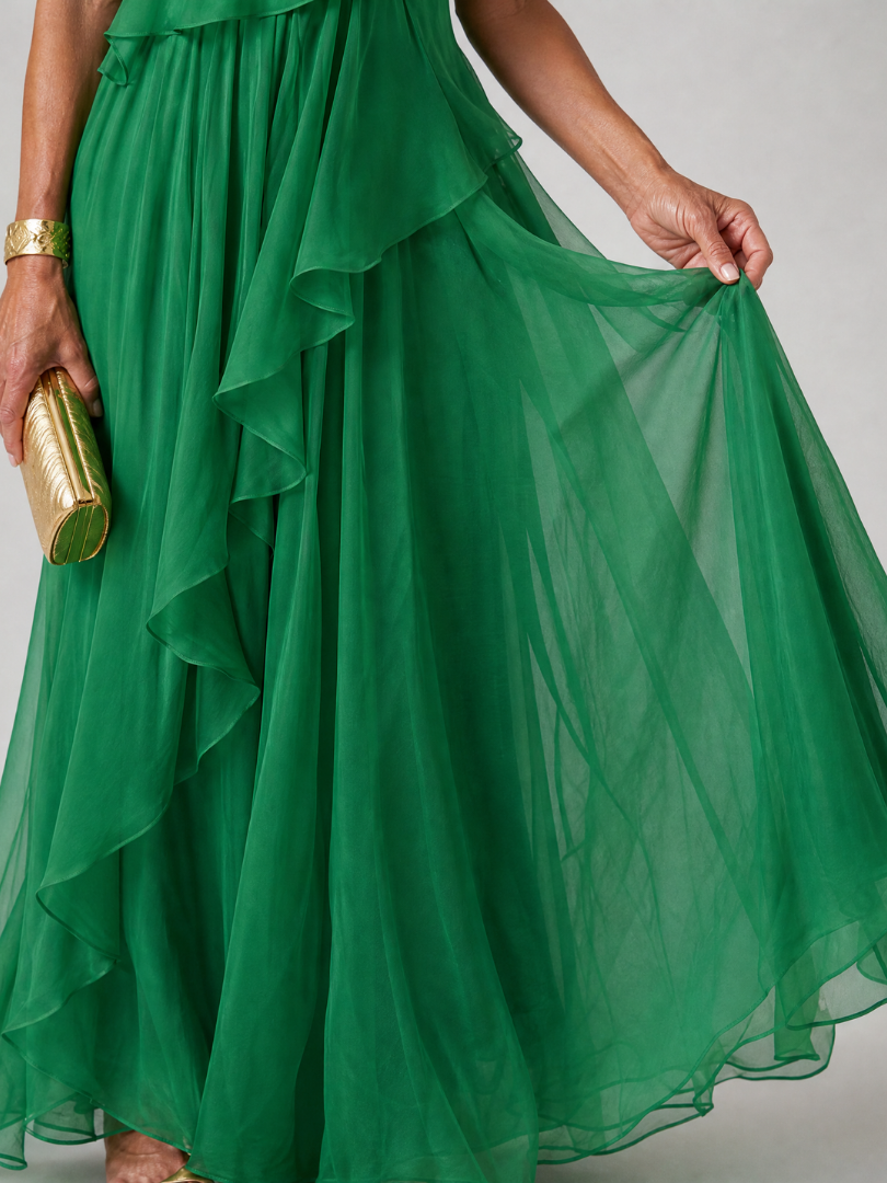 Women's One-Shoulder Maxi Dress — Cascading Ruffle Flowing Lightweight Summer Dress