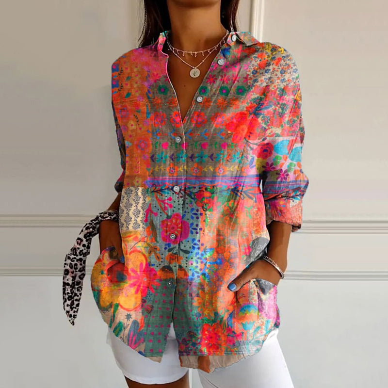 Women's multicolor floral print shirt with collar and button front