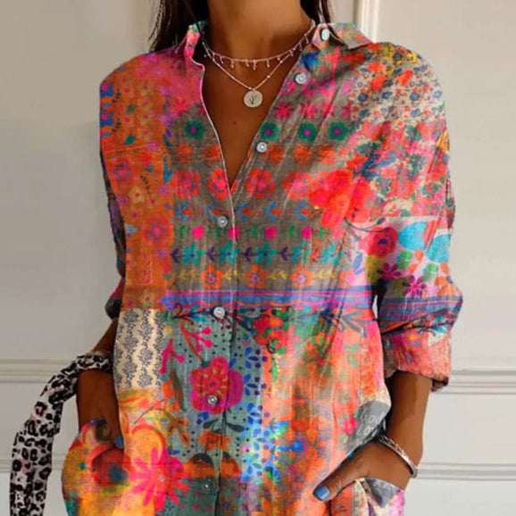 Women's multicolor floral print shirt with collar and button front