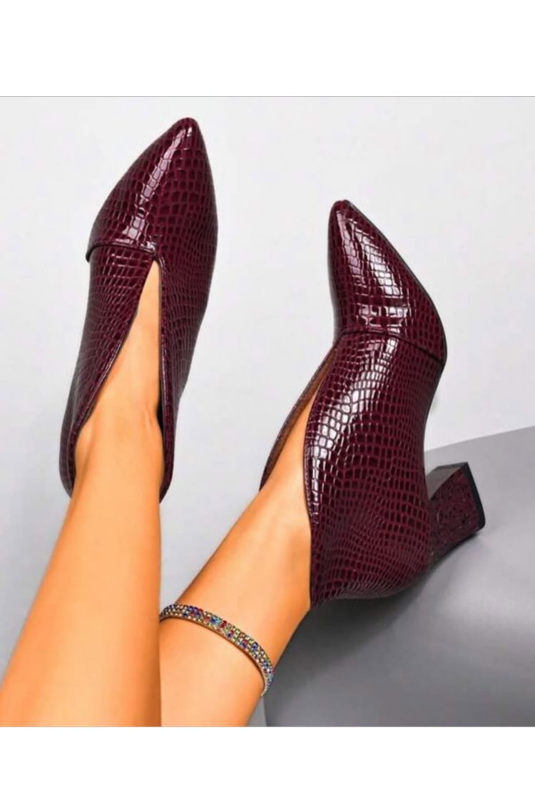 Snake embossed pointed-toe ankle boots with block heels