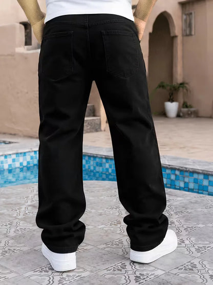 Men's black loose fit jeans with five pockets and wide full-length legs