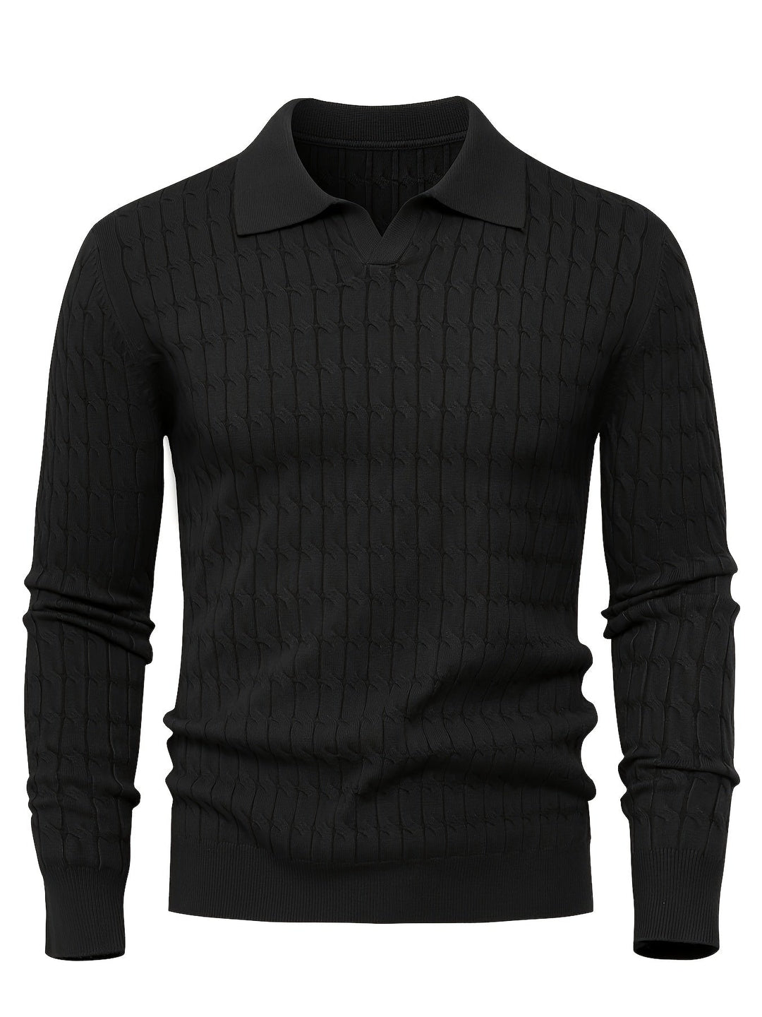 Men's textured polo sweater with long sleeves and ribbed trims