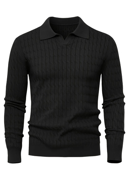 Men's textured polo sweater with long sleeves and ribbed trims