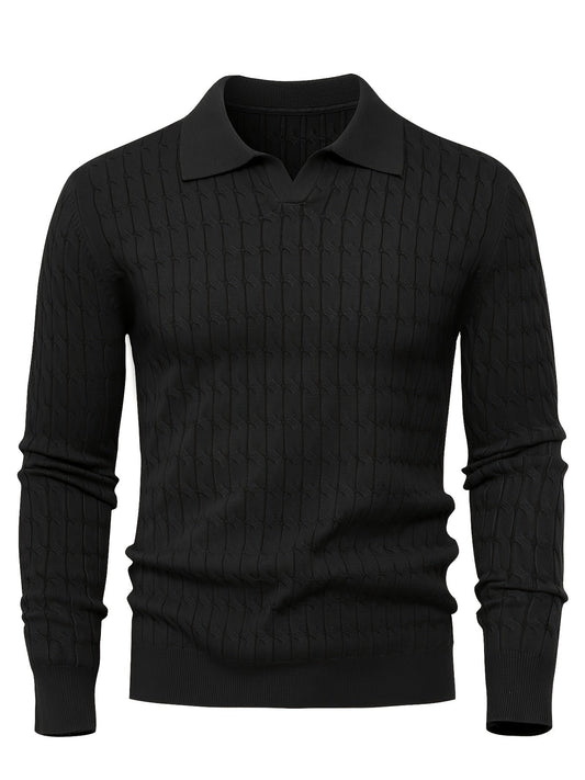Men's textured polo sweater with long sleeves and ribbed trims