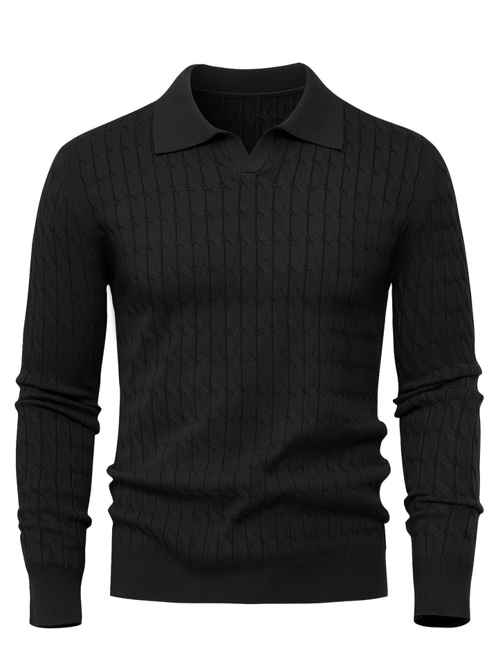 Men's textured polo sweater with long sleeves and ribbed trims