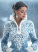 Women's blue patterned knit jumper with high collar and front zip