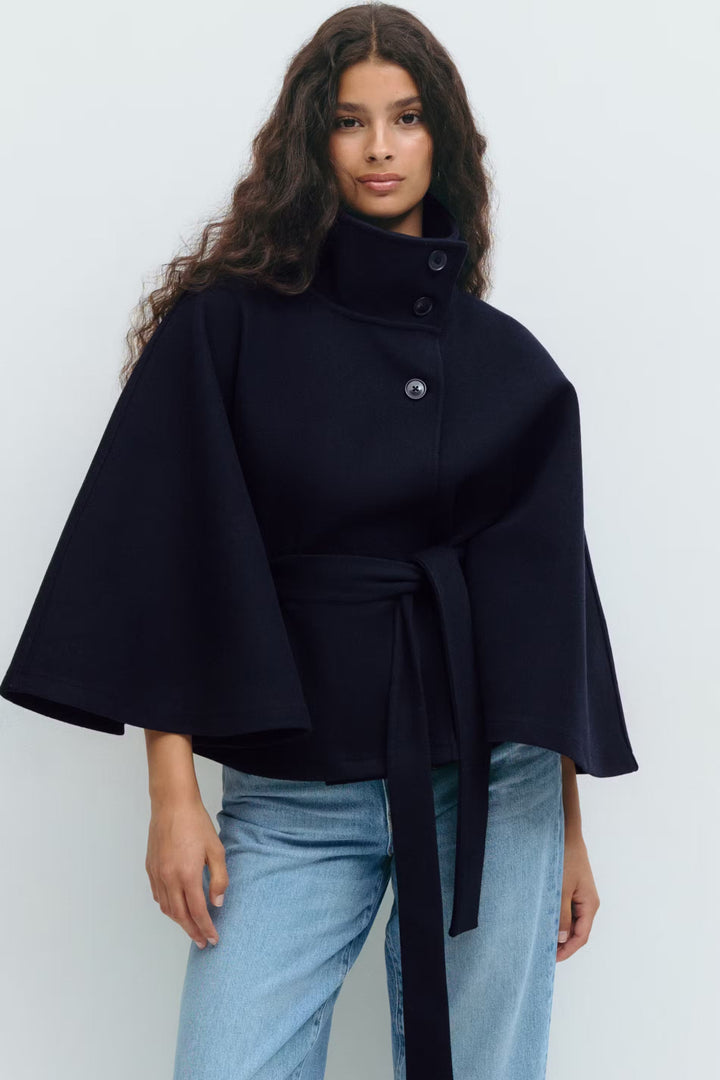 Women's cape coat with high collar and tie belt