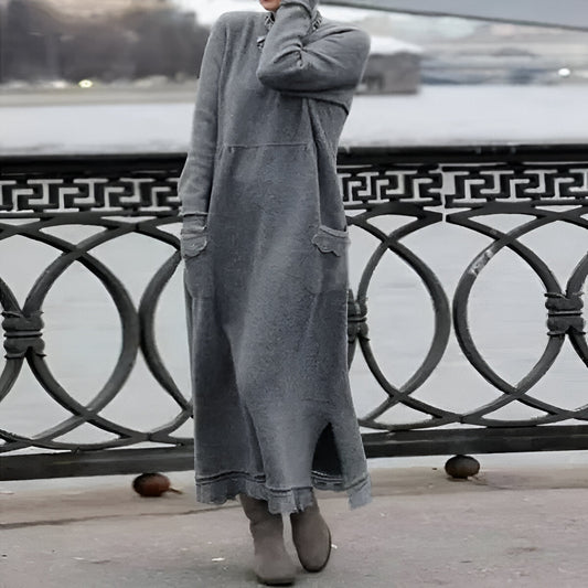 Women's long sleeve high neck maxi dress with side pockets and ankle-length hem