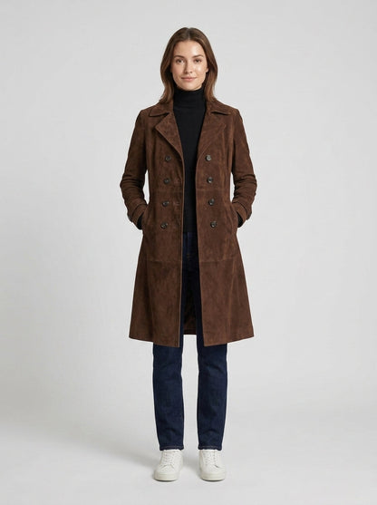 Women's longline button front coat with notched lapels and side pockets