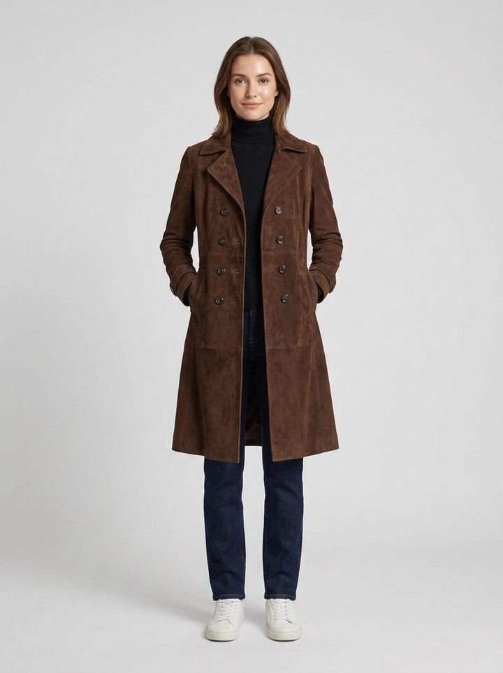 Women's longline button front coat with notched lapels and side pockets