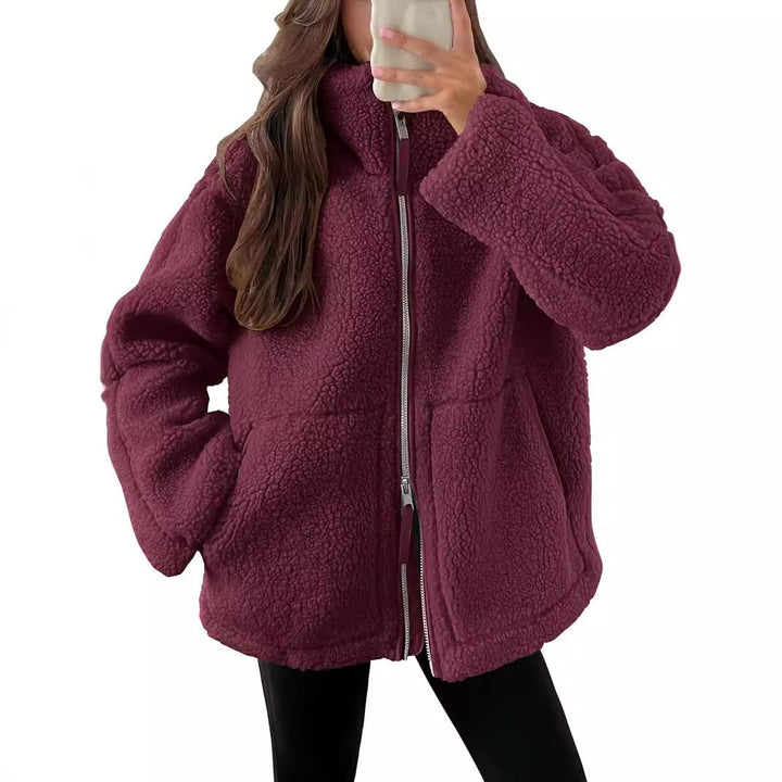 Women's textured teddy fleece zip-up coat with stand collar and front pockets