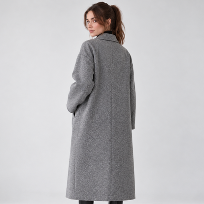 Women's long geometric patterned coat with notched lapels and button fastening