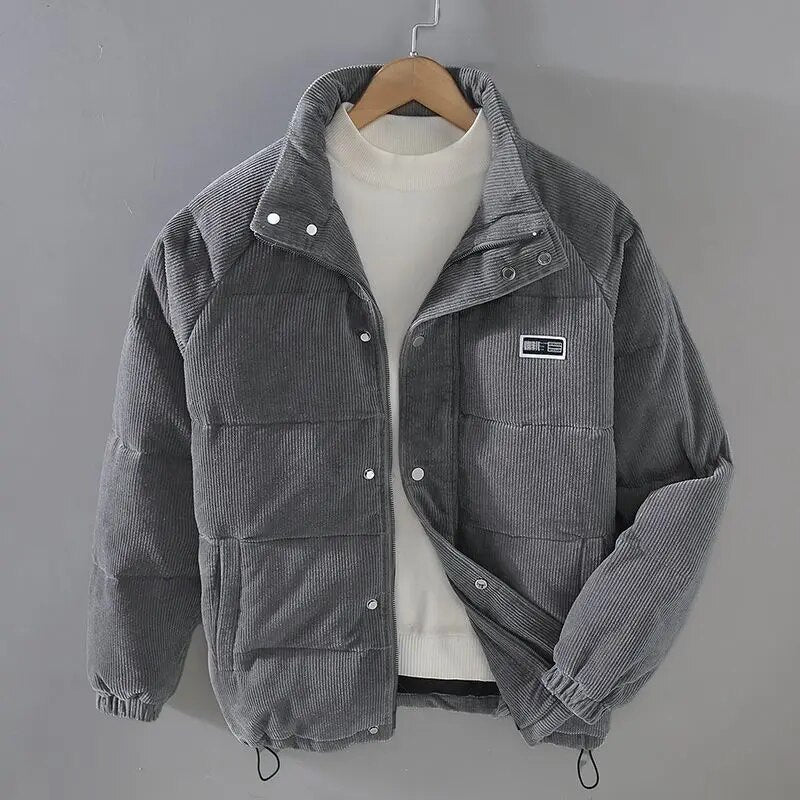Men's textured padded jacket with stand collar and zip front