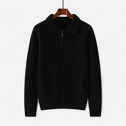 Men's zip-front sweater with polo collar and front pockets