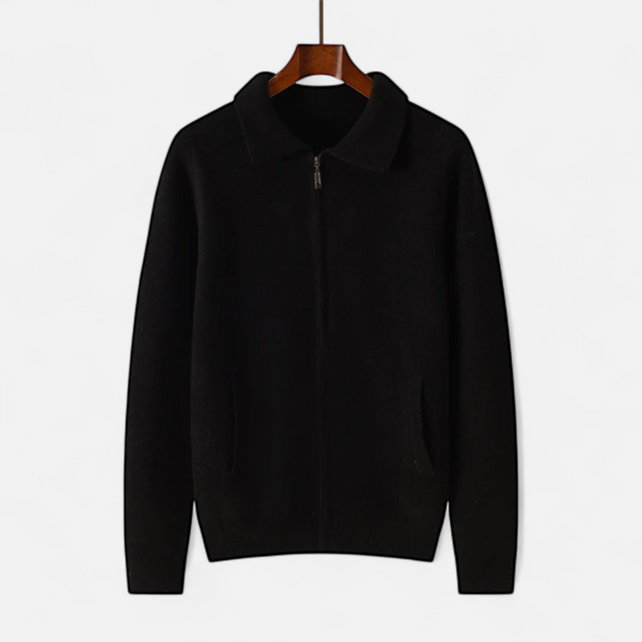 Men's zip-front sweater with polo collar and front pockets