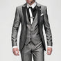 Men's three-piece slim fit suit with contrast lapels, waistcoat, tie and pocket square