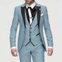 Men's three-piece slim fit suit with contrast lapels, waistcoat, tie and pocket square