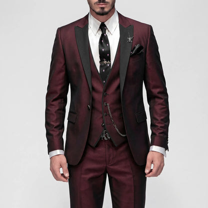 Costume trois pièces homme coupe ajustée à revers contrastés et manches longues