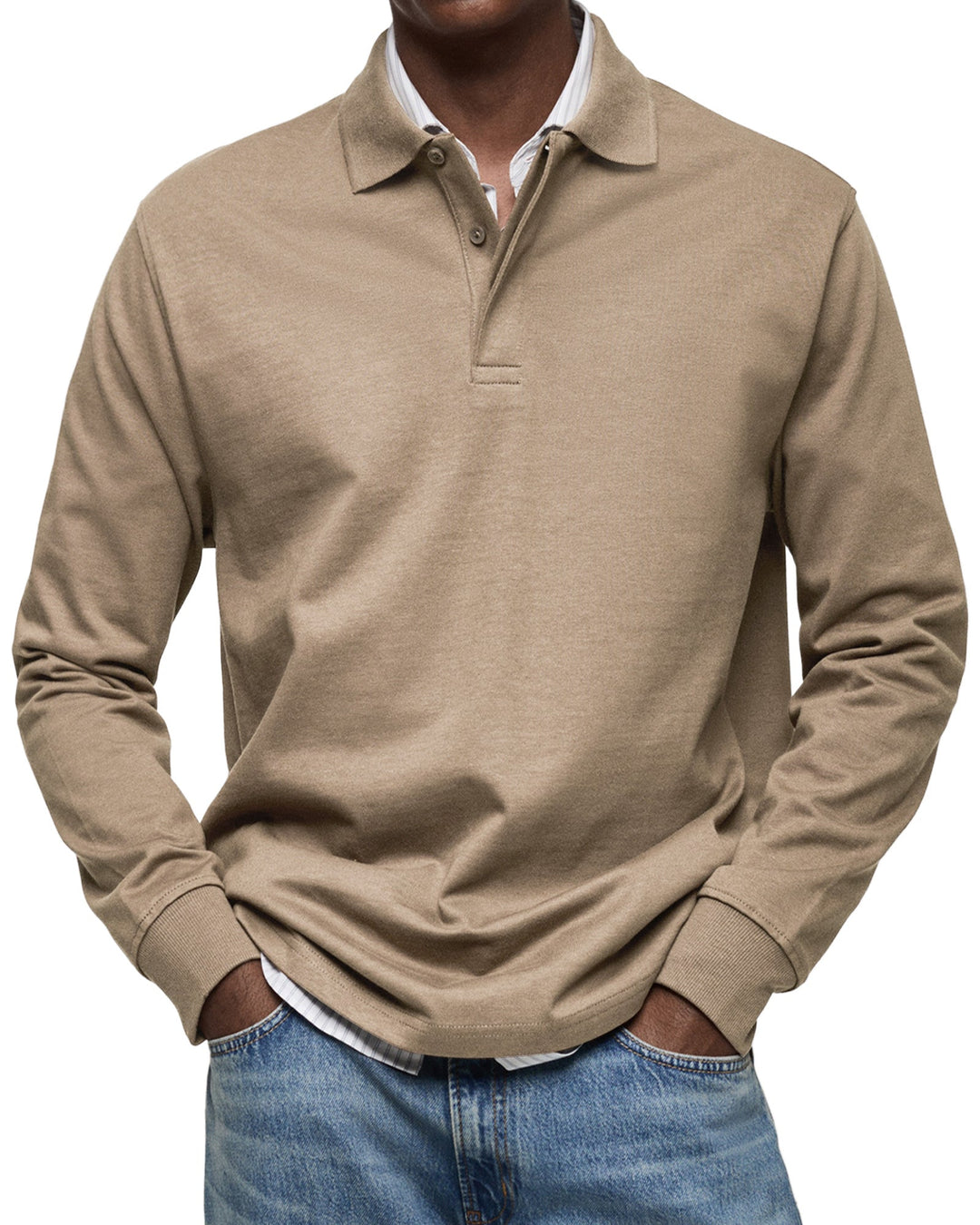 Men's long sleeve polo sweater with collar and button placket