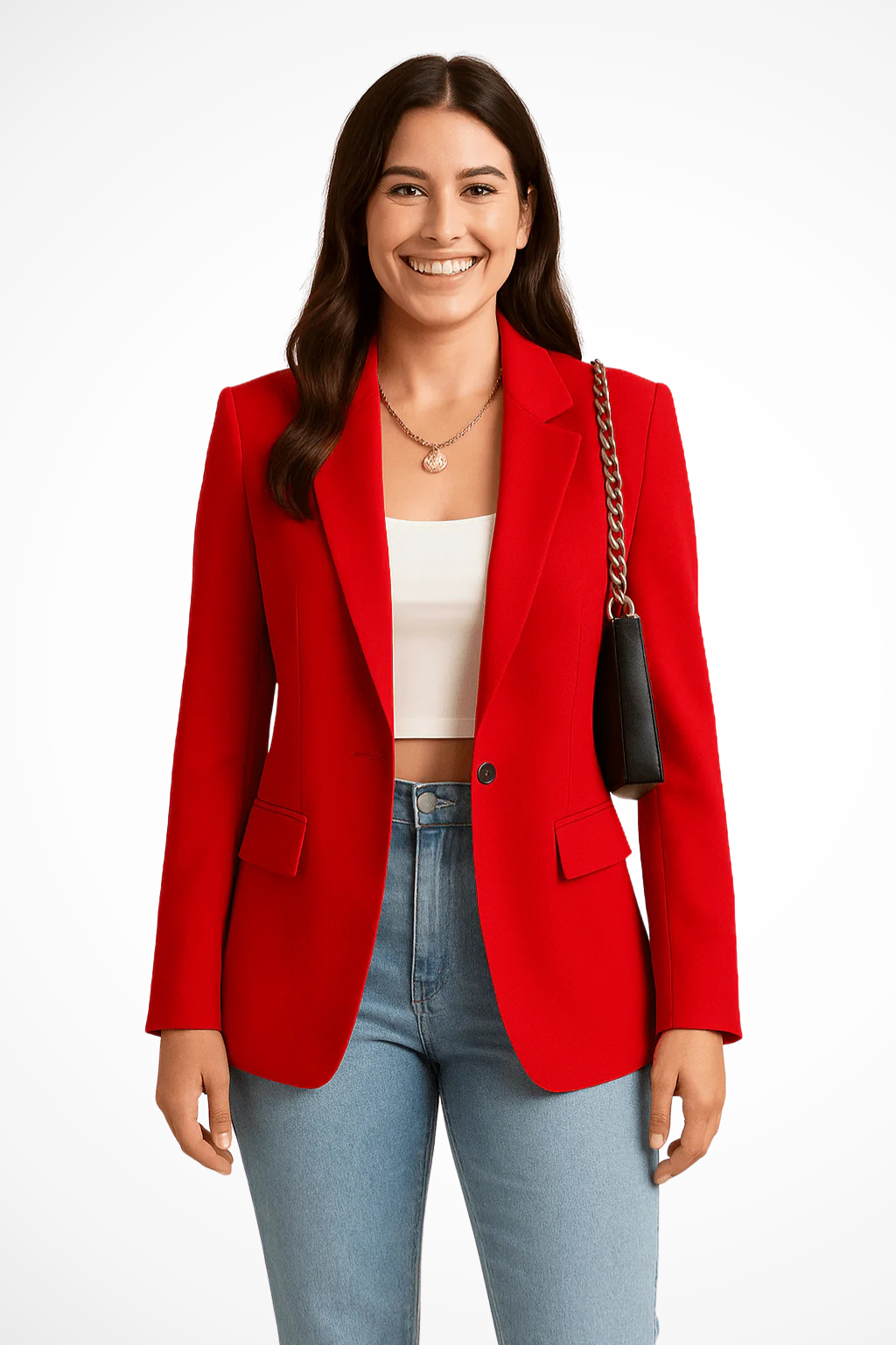 Women's tailored blazer with notched lapel, long sleeves, button fastening and flap pockets