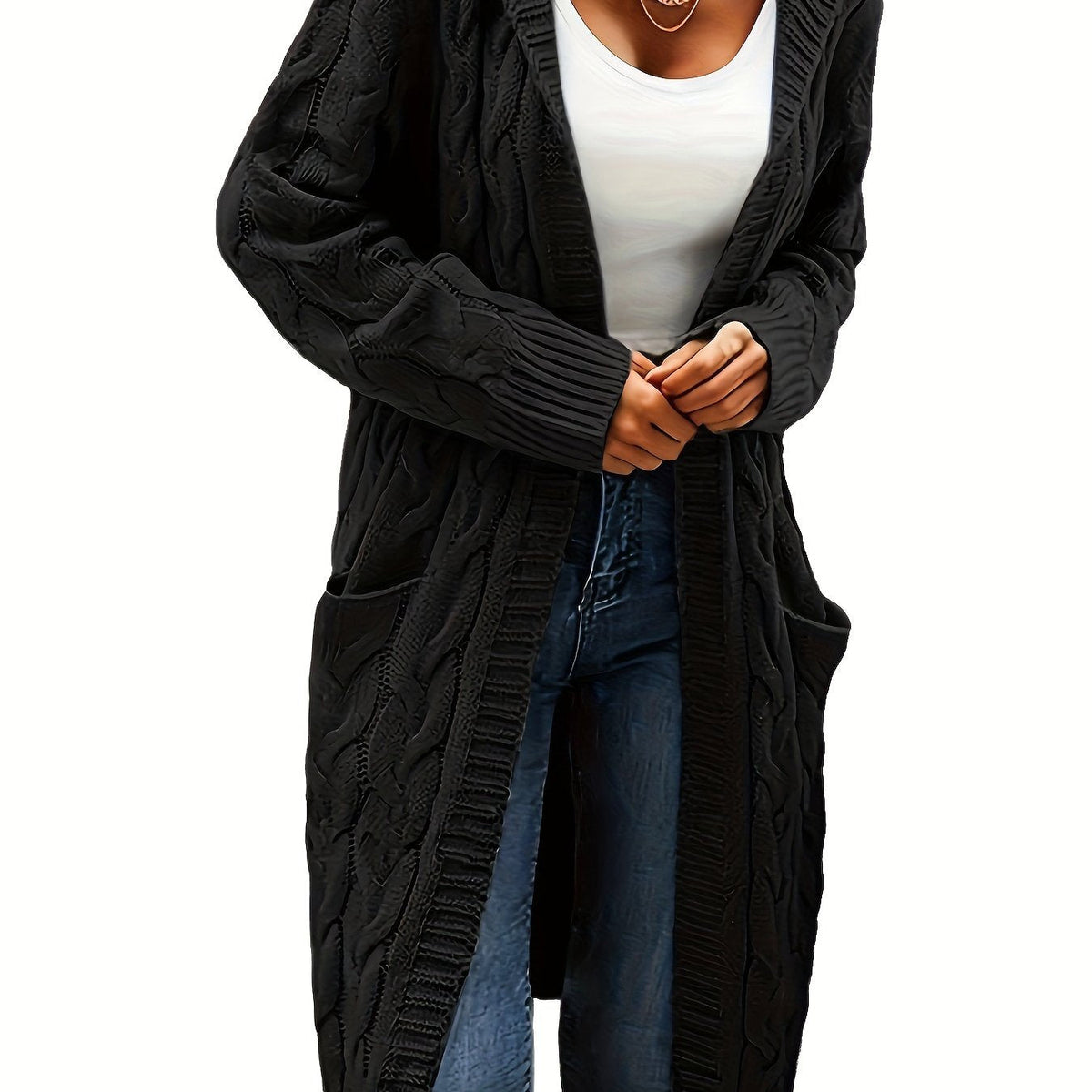 Women's long textured cable knit cardigan with open front and patch pockets