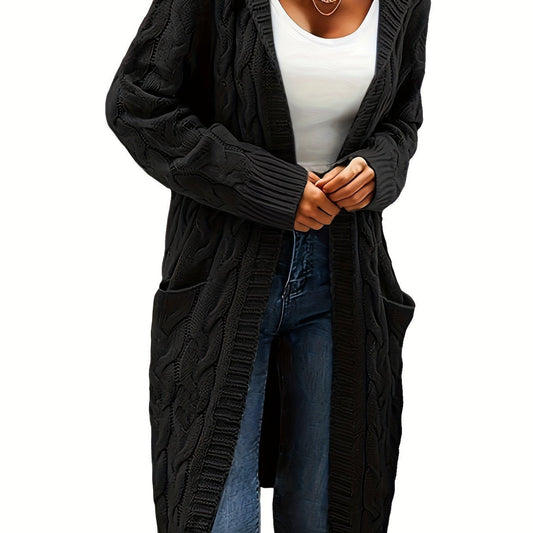 Women's long textured cable knit cardigan with open front and patch pockets
