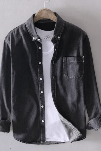 Men's long-sleeve button-down denim shirt with chest pocket