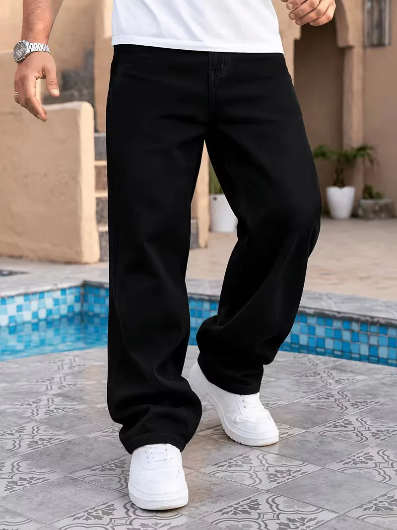 Men's black loose fit jeans with five pockets and wide full-length legs