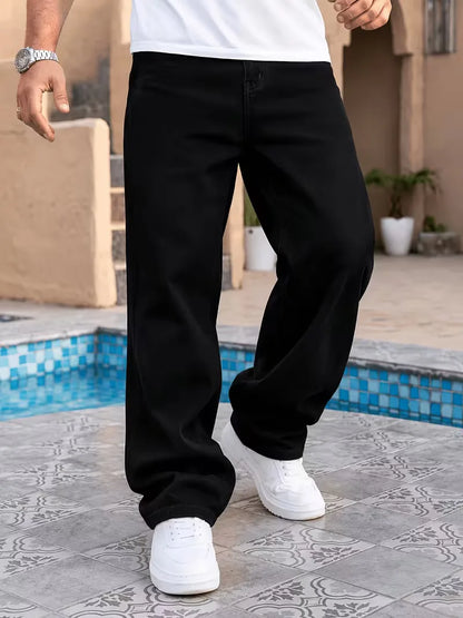 Men's black loose fit jeans with five pockets and wide full-length legs