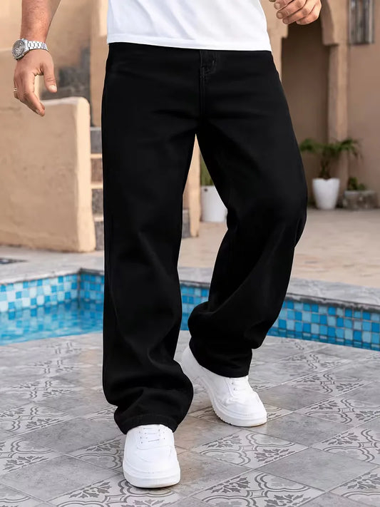 Men's black loose fit jeans with five pockets and wide full-length legs