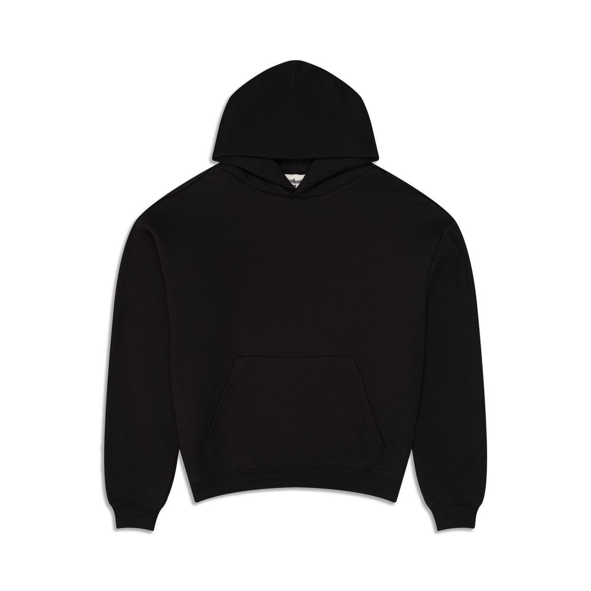 Men's black pullover hoodie with hood, long sleeves and kangaroo pocket