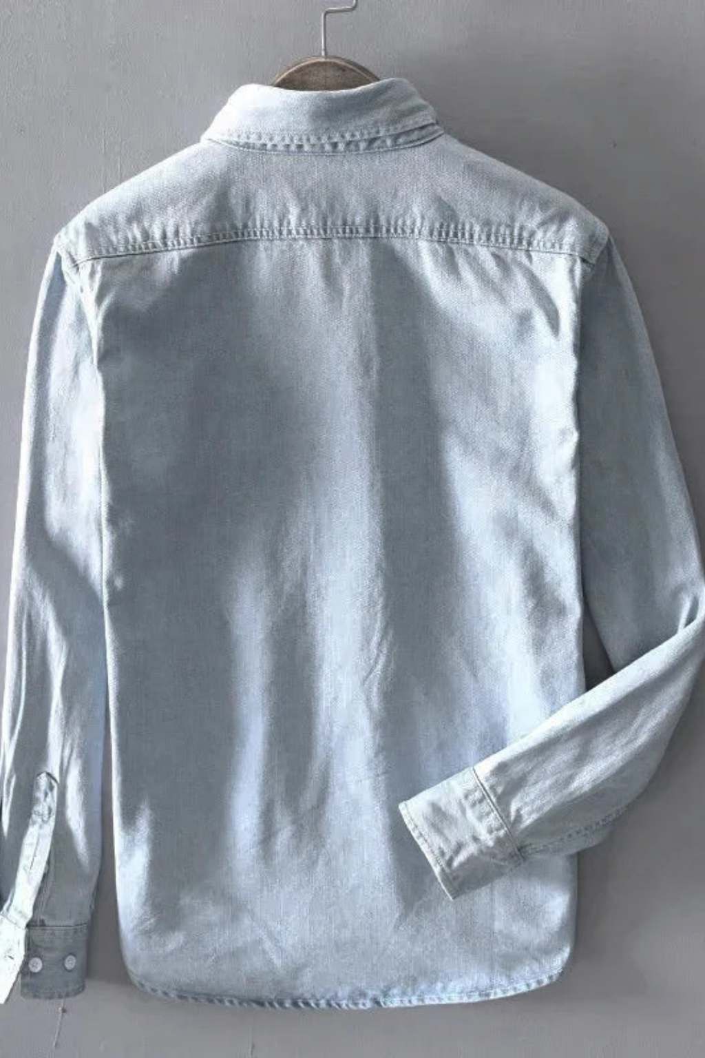 Men's long-sleeve button-down denim shirt with chest pocket