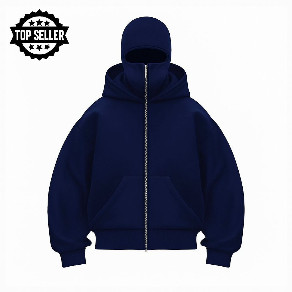 Unisex hooded zip hoodie with integrated face cover and kangaroo pocket