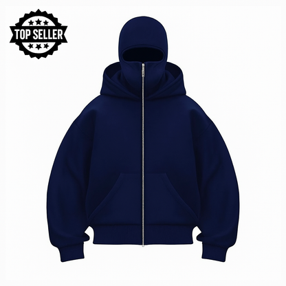 Unisex hooded zip hoodie with integrated face cover and kangaroo pocket